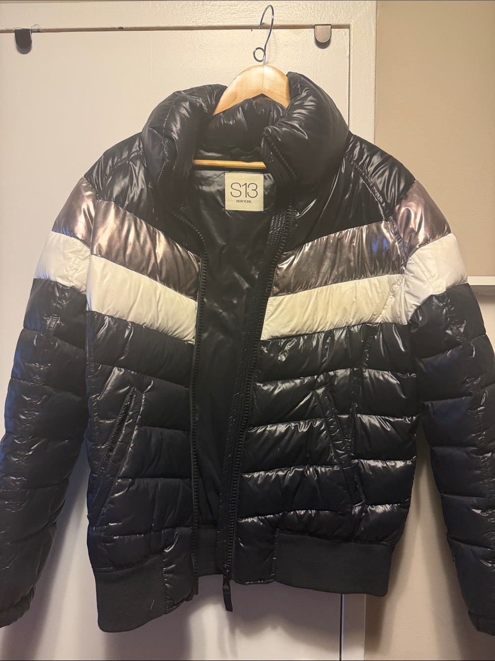 Women’s S13 Retro Black Puffer Jacket with Silver & White Stripes, size XL